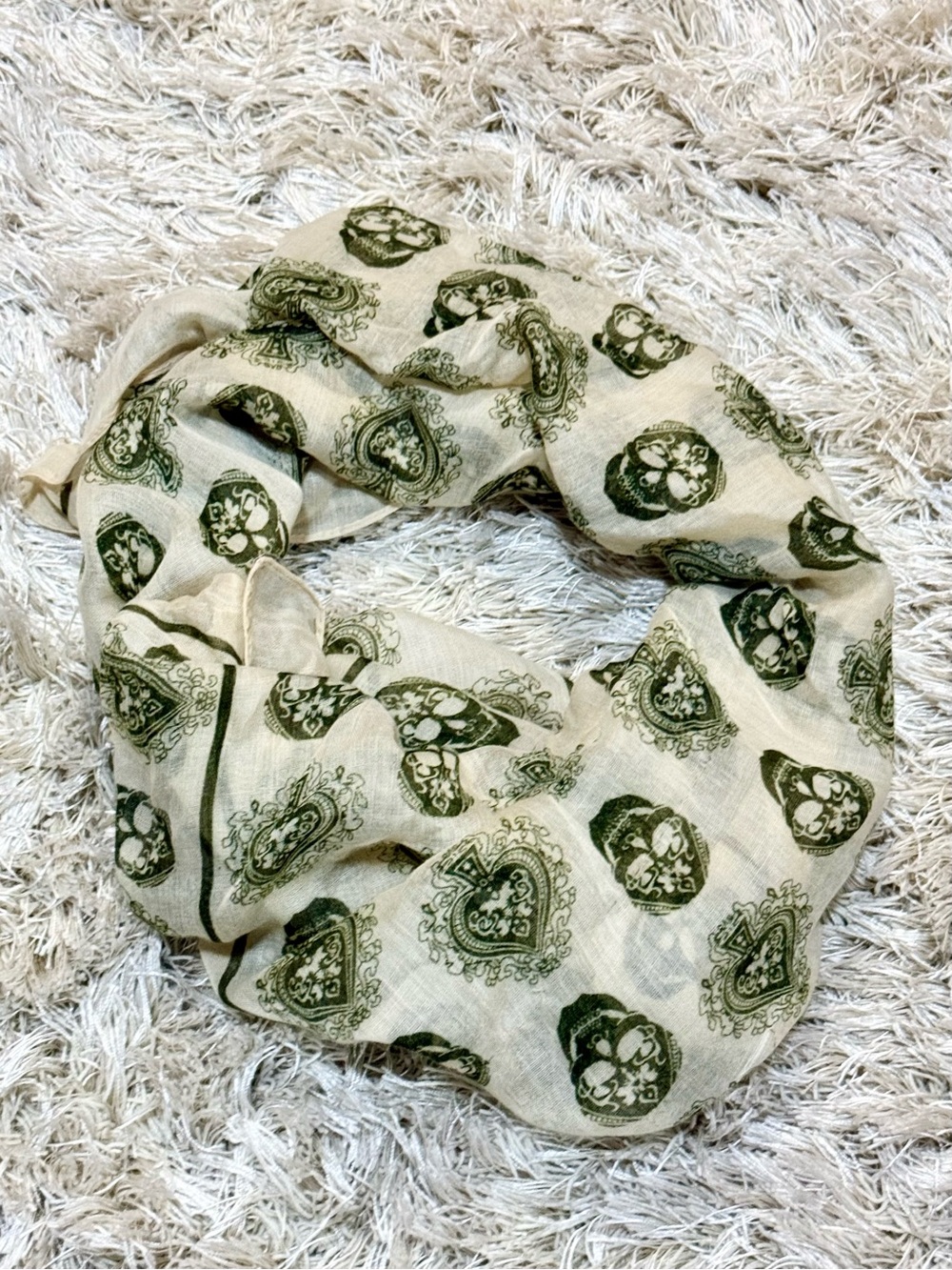 Paisley & Skull Print Lightweight Scarf | Cream & Olive Green | Boho Wrap - Picture 7 of 8